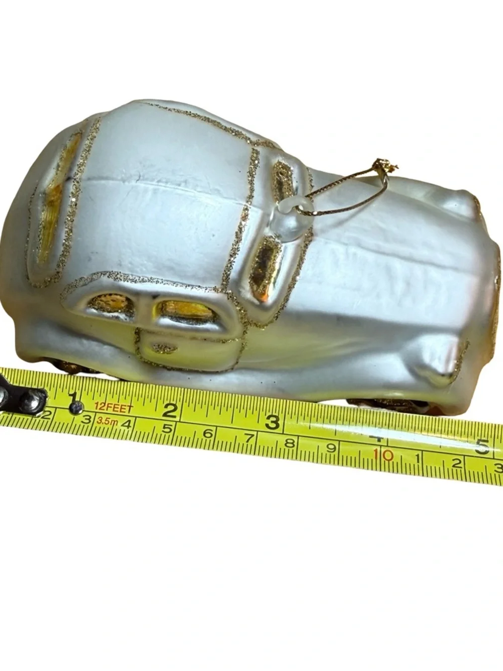 Pearlescent White Vintage Car Ornament with Gold Accents